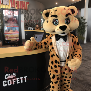 Tan Cheetah mascot costume character dressed with a Tuxedo and Mittens