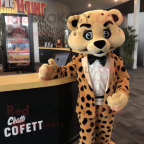 Tan Cheetah mascot costume character dressed with a Tuxedo and Mittens