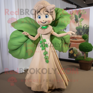 Tan Beanstalk mascot costume character dressed with a Midi Dress and Earrings