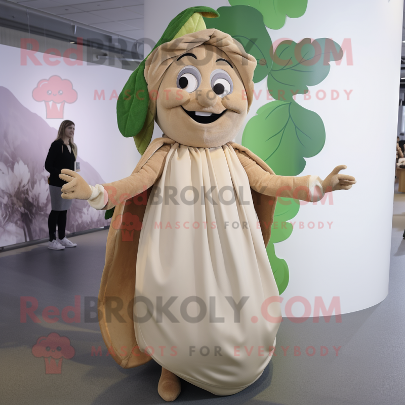 Tan Beanstalk mascot costume character dressed with a Midi Dress and Earrings