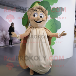 Tan Beanstalk mascot costume character dressed with a Midi Dress and Earrings
