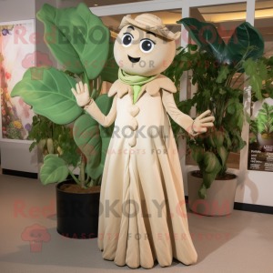 Tan Beanstalk mascot costume character dressed with a Midi Dress and Earrings