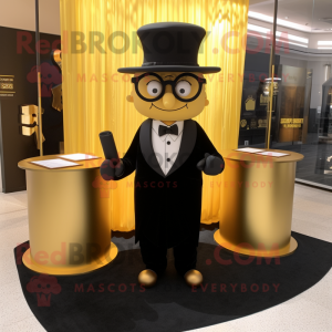 Gold Attorney mascot costume character dressed with a Tuxedo and Eyeglasses