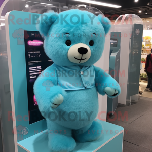 Cyan Teddy Bear mascot costume character dressed with a Cover-up and Hairpins