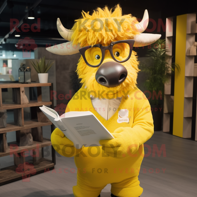 Lemon Yellow Yak mascot costume character dressed with a Oxford Shirt and Reading glasses