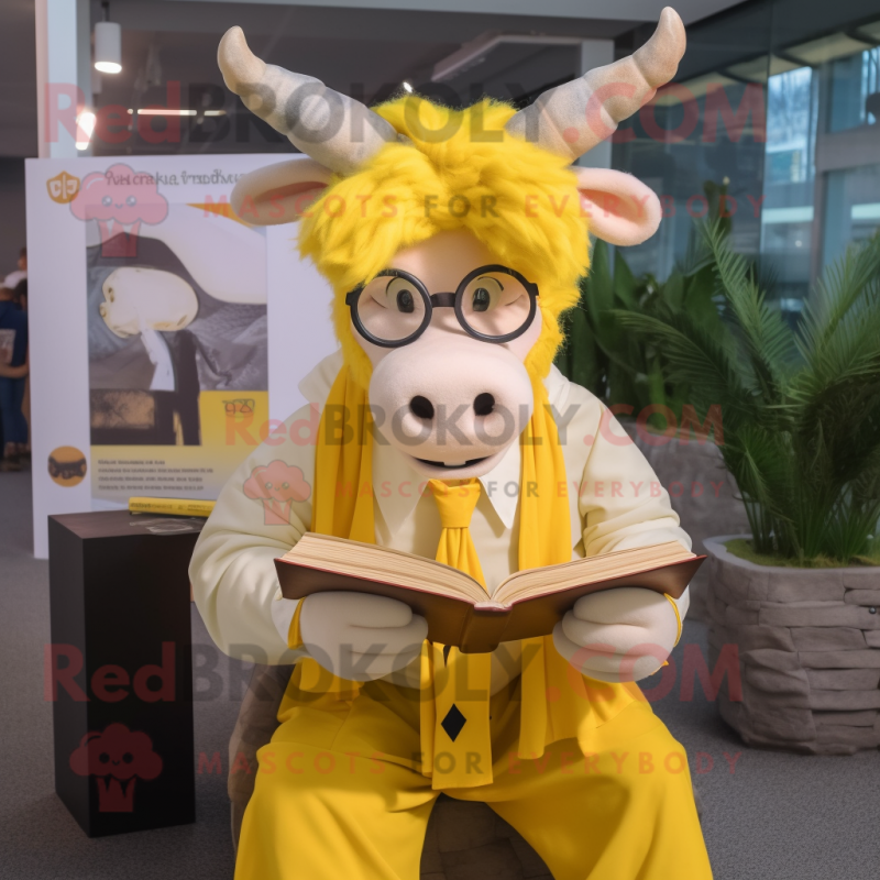 Lemon Yellow Yak mascot costume character dressed with a Oxford Shirt and Reading glasses