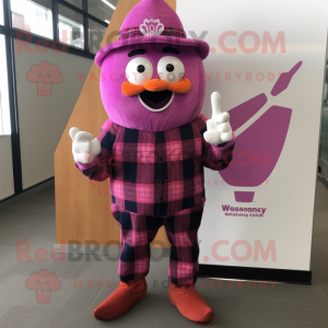 Magenta Ice Cream Cone mascot costume character dressed with a Flannel Shirt and Tie pins