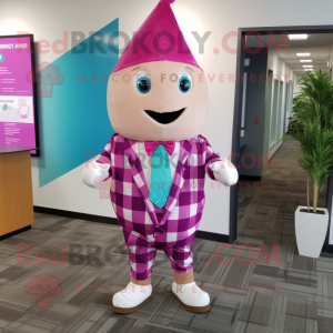 Magenta Ice Cream Cone mascot costume character dressed with a Flannel Shirt and Tie pins