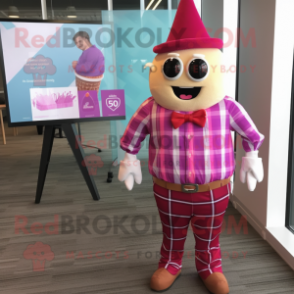 Magenta Ice Cream Cone mascot costume character dressed with a Flannel Shirt and Tie pins