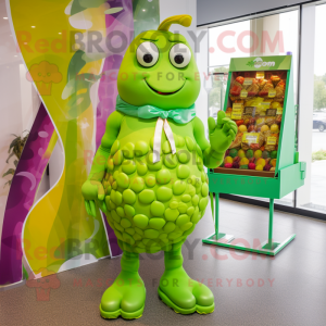 Lime Green Chocolates mascot costume character dressed with a Bikini and Lapel pins
