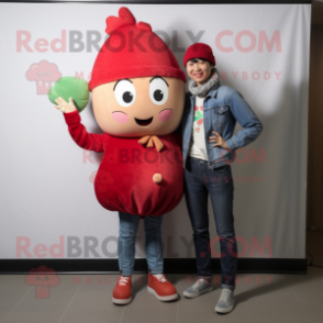 Red Turnip mascot costume character dressed with a Boyfriend Jeans and Berets