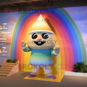 Beige Rainbow mascot costume character dressed with a Bikini and Rings