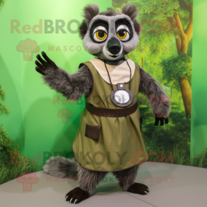 Olive Lemur mascot costume character dressed with a Circle Skirt and Belts