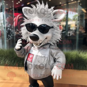 Silver Wild Boar mascot costume character dressed with a T-Shirt and Sunglasses