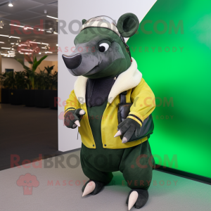 Forest Green Tapir mascot costume character dressed with a Moto Jacket and Clutch bags