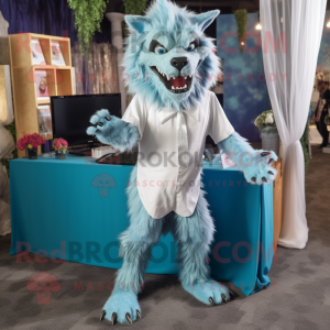 Cyan Werewolf mascot costume character dressed with a Wedding Dress and Tie pins