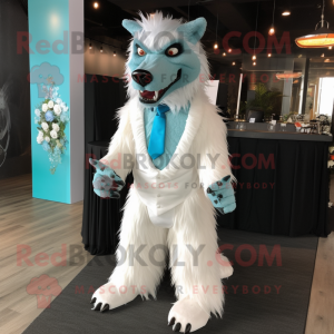 Cyan Werewolf mascot costume character dressed with a Wedding Dress and Tie pins