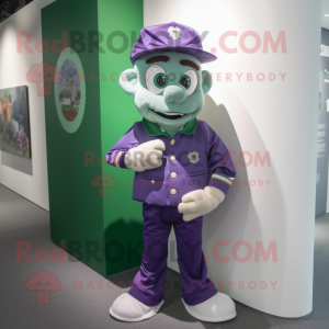 Purple Irish Flag mascot costume character dressed with a Button-Up Shirt and Rings
