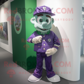 Purple Irish Flag mascot costume character dressed with a Button-Up Shirt and Rings