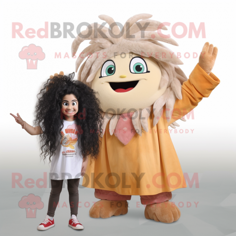 Tan Ceviche mascot costume character dressed with a Long Sleeve Tee and Hair clips