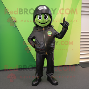 Olive Bracelet mascot costume character dressed with a Biker Jacket and Shoe clips