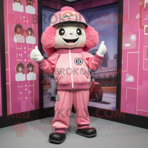 Pink Fried Rice mascot costume character dressed with a Bomber Jacket and Suspenders