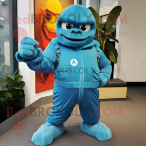 Turquoise Commando mascot costume character dressed with a Parka and Foot pads