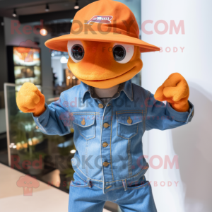 Orange Geckos mascot costume character dressed with a Denim Shirt and Hat pins
