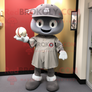 Gray Miso Soup mascot costume character dressed with a Baseball Tee and Brooches