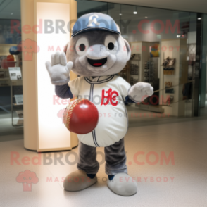 Gray Miso Soup mascot costume character dressed with a Baseball Tee and Brooches