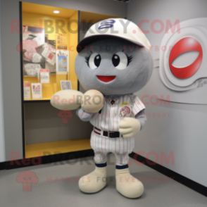 Gray Miso Soup mascot costume character dressed with a Baseball Tee and Brooches