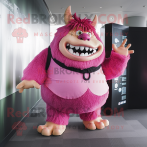 Pink Ogre mascot costume character dressed with a Wrap Skirt and Hair clips