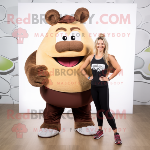 Brown Pulled Pork Sandwich mascot costume character dressed with a Yoga Pants and Shoe laces