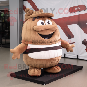 Brown Pulled Pork Sandwich mascot costume character dressed with a Yoga Pants and Shoe laces