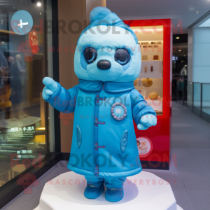 Blue Dim Sum mascot costume character dressed with a Parka and Bracelet watches