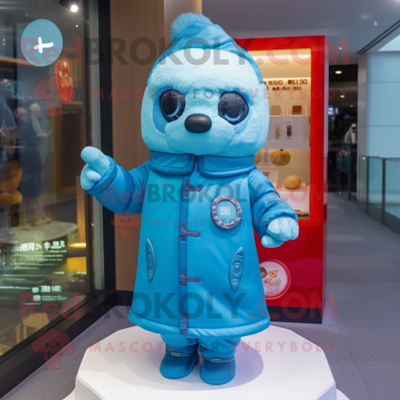 Blue Dim Sum mascot costume character dressed with a Parka and Bracelet watches
