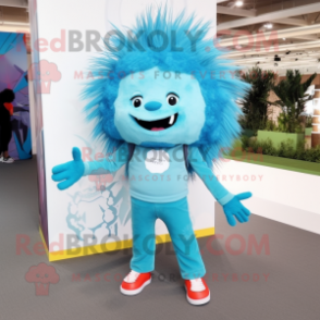 Cyan Porcupine mascot costume character dressed with a Flare Jeans and Hair clips