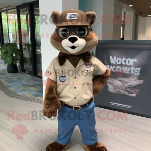 Brown Bobcat mascot costume character dressed with a Henley Shirt and Berets