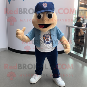 Navy Ice Cream Cone mascot costume character dressed with a Boyfriend Jeans and Lapel pins