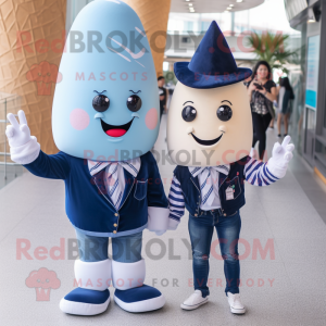 Navy Ice Cream Cone mascot costume character dressed with a Boyfriend Jeans and Lapel pins