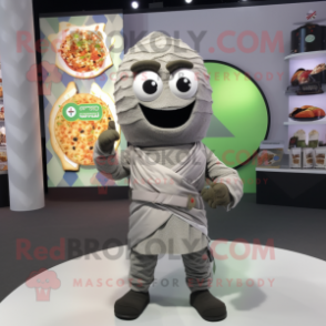 Gray Falafel mascot costume character dressed with a Graphic Tee and Wraps