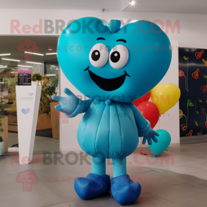 Cyan Heart Shaped Balloons mascot costume character dressed with a Jeggings and Brooches