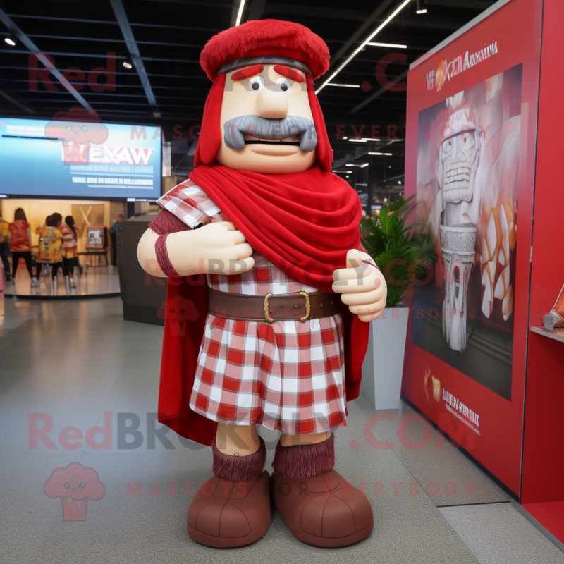 Red Roman Soldier mascot costume character dressed with a Flannel Shirt and Wraps