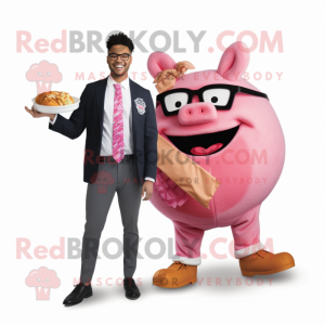 Pink Pulled Pork Sandwich mascot costume character dressed with a Blazer and Pocket squares