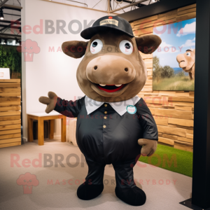 Black Beef Wellington mascot costume character dressed with a Chinos and Suspenders