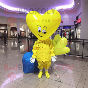 Lemon Yellow Heart Shaped Balloons mascot costume character dressed with a Windbreaker and Tote bags