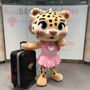 Peach Leopard mascot costume character dressed with a Evening Gown and Briefcases