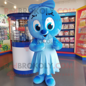Blue Candy Box mascot costume character dressed with a Wrap Dress and Keychains