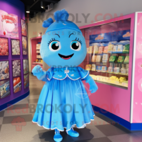 Blue Candy Box mascot costume character dressed with a Wrap Dress and Keychains