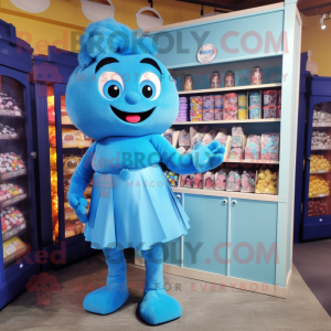 Blue Candy Box mascot costume character dressed with a Wrap Dress and Keychains